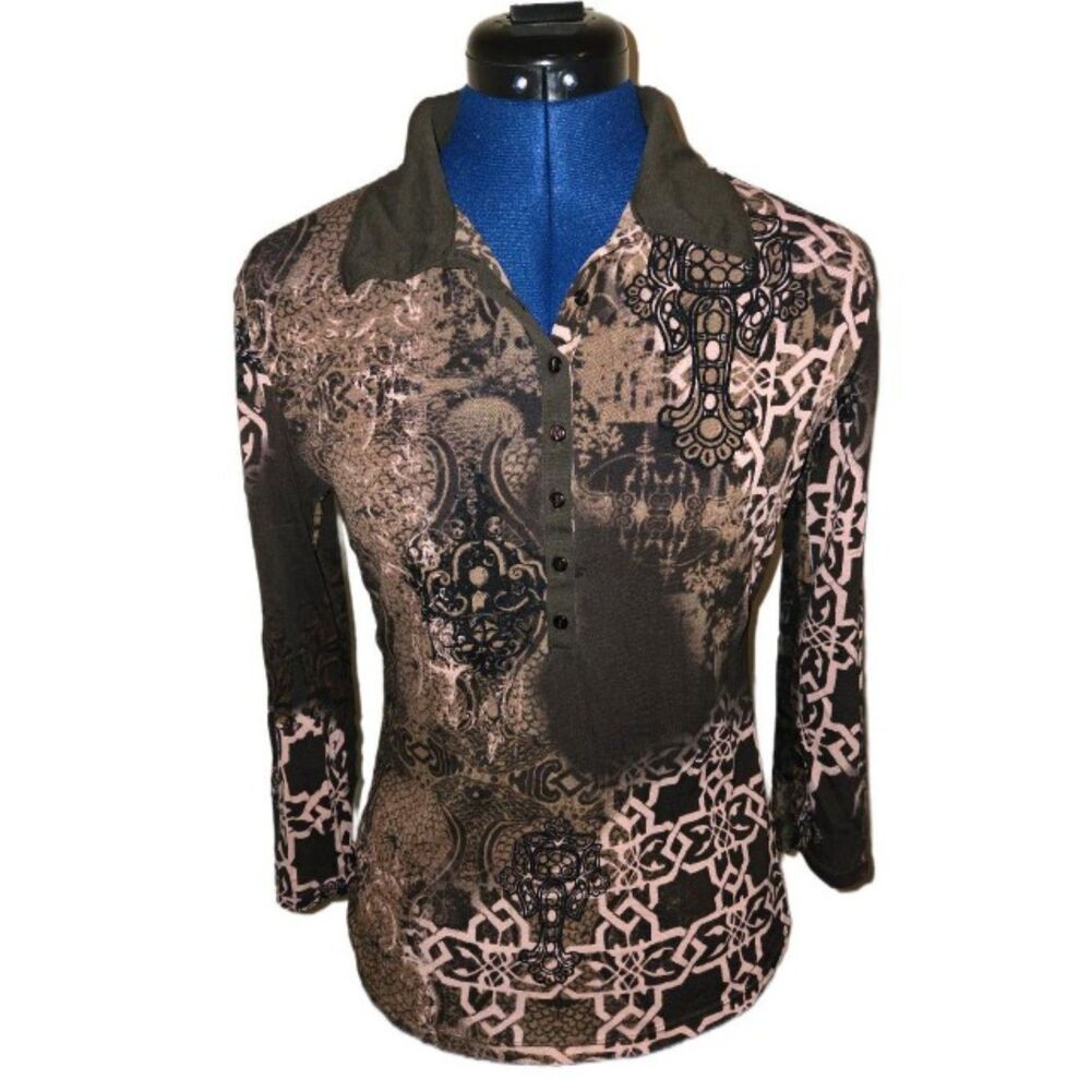 Women's Noun Abstract Mesh Henley Top with unique design -XL